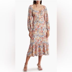 Lush Floral Print Open Back Long Sleeve Midi Dress